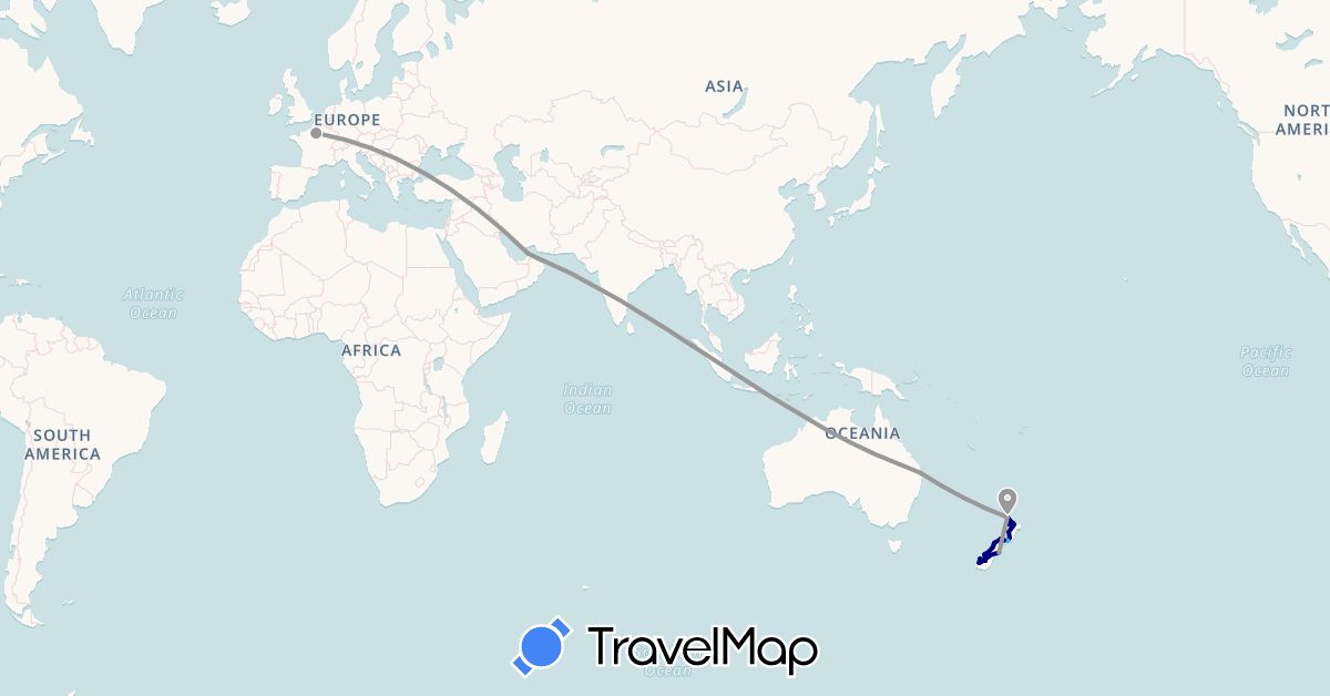 TravelMap itinerary: driving, plane, boat in United Arab Emirates, Australia, France, New Zealand (Asia, Europe, Oceania)